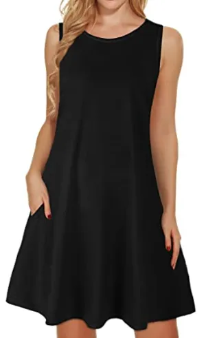 Black Summer Dresses for Women Beach Floral Tshirt Sundress Sleeveless Pockets Casual Loose Tank Dress - elescat