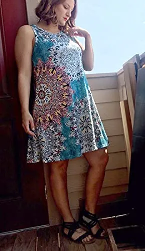 Blue Red Tie Dye Summer Dresses for Women Beach Floral Tshirt Sundress Sleeveless Pockets Casual Loose Tank Dress - elescat
