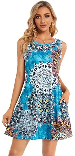 Blue Red Tie Dye Summer Dresses for Women Beach Floral Tshirt Sundress Sleeveless Pockets Casual Loose Tank Dress - elescat